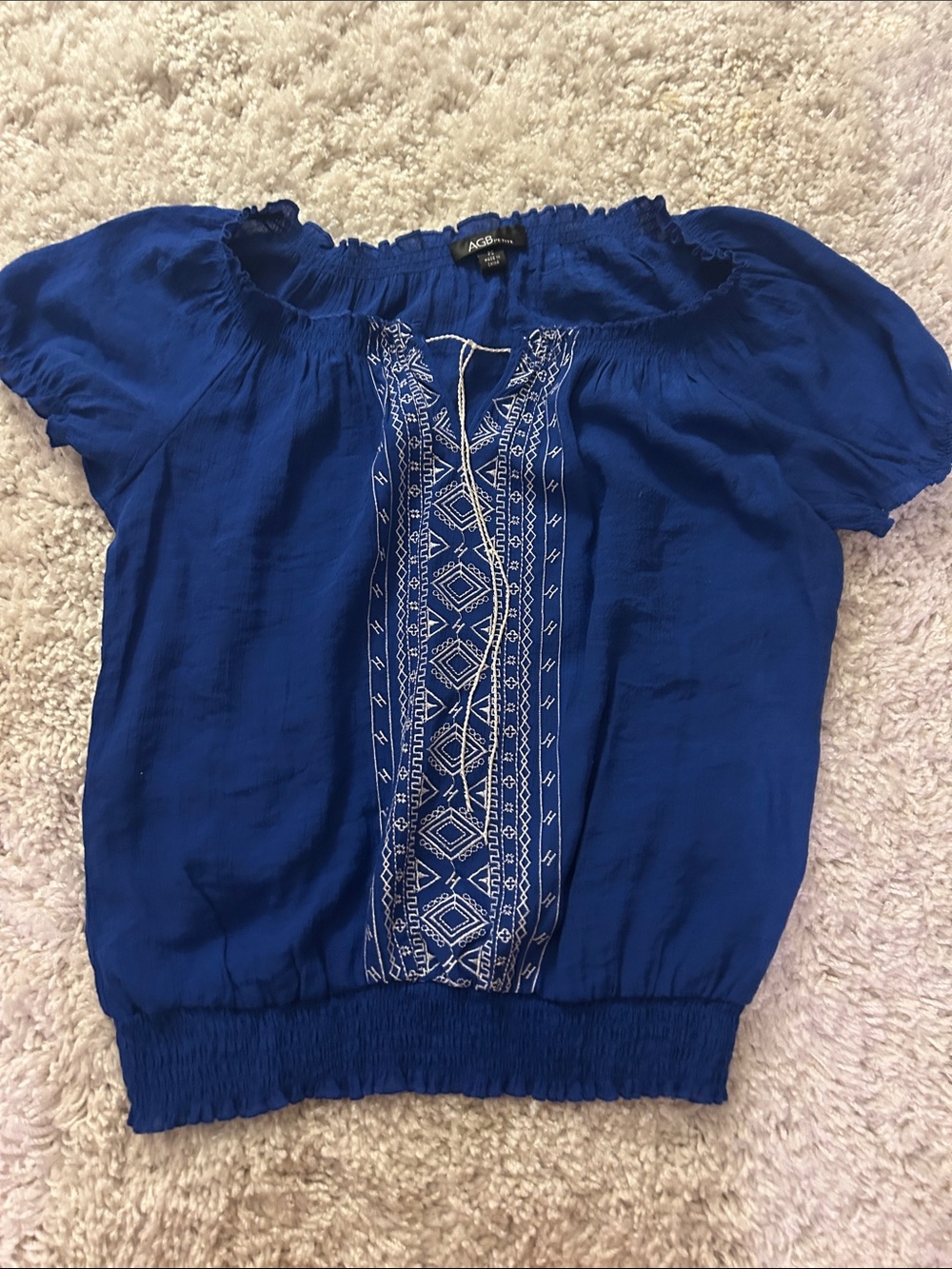 AGB Cobalt Blue Embroidered Peasant Blouse